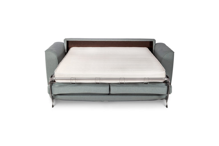 In picture: Alba 2 opened into bed position. Fabric: Connect 60. Leg: 35, black.