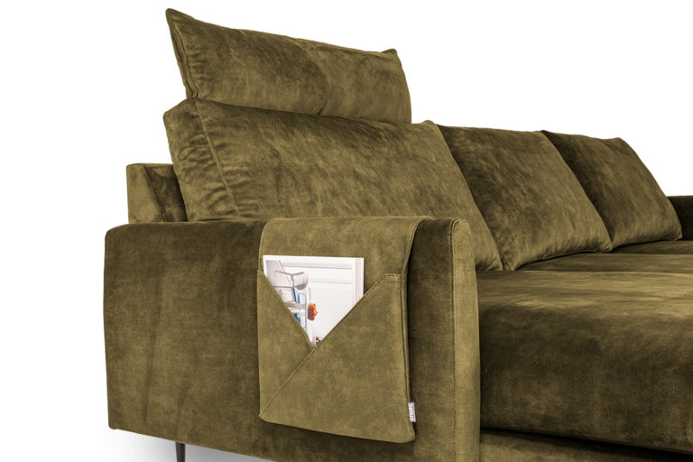 In picture: Indigo 4 DIV Left detail with the accessories pouch. Fabric: Adore 59. Leg: 15, matte black.