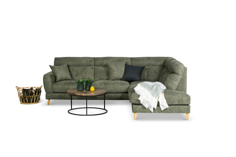 In picture: Marion Open End Right. Fabric: Sense 4156. Leg: 50, oak.