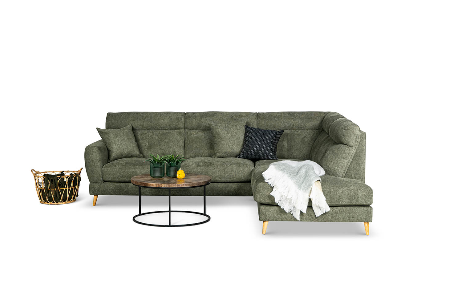 In picture: Marion Open End Right. Fabric: Sense 4156. Leg: 50, oak.