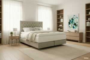 In picture: Nordic C40 with Windsor headboard and Sirius top mattress. Fabric: Lineo 616.