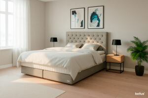 In picture: Nordic C40 with Windsor headboard and Sirius top mattress. Fabric: Lineo 616.