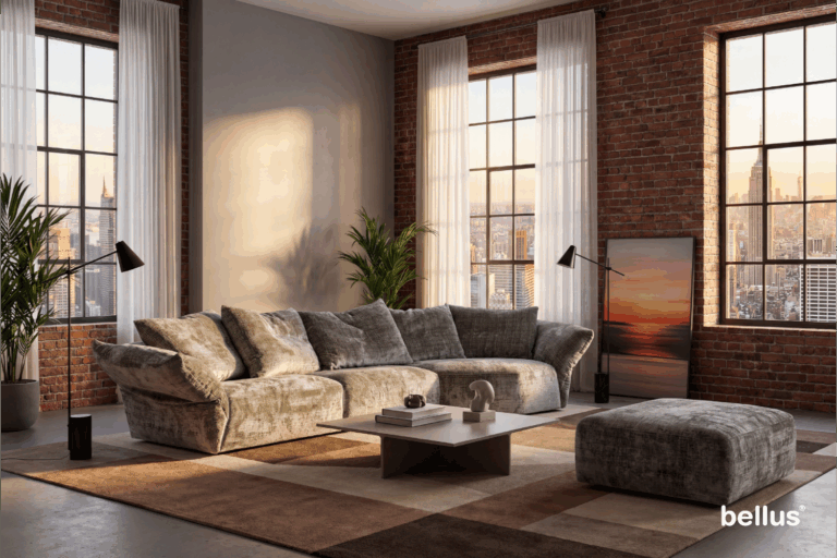 In picture: Eularia Lounger Maxi 200 with footstool 85x85 cm. Fabric: Urban3493